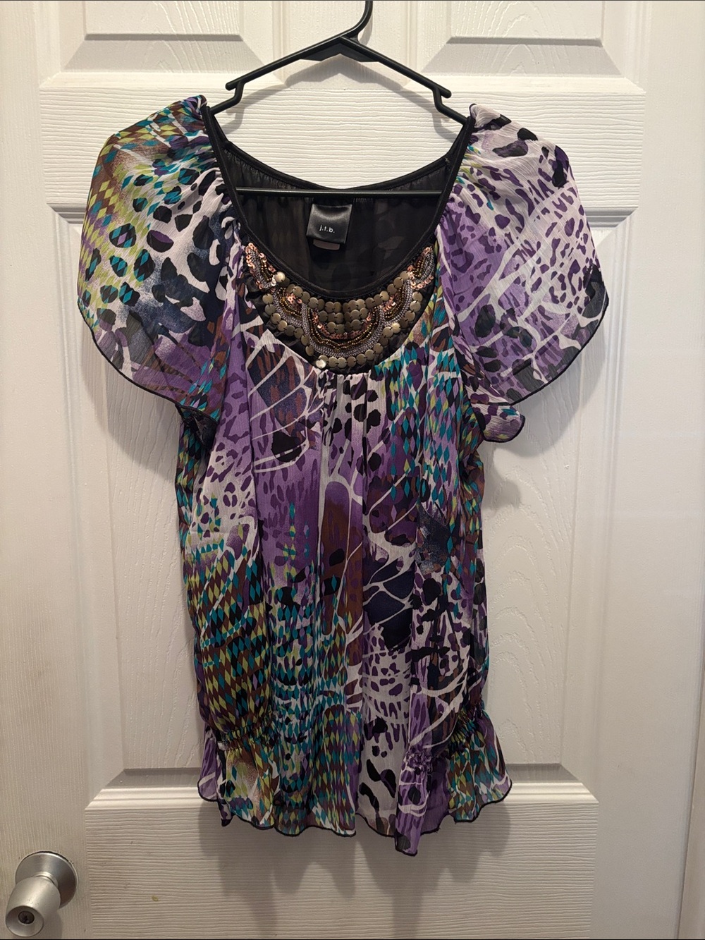 Beaded Neck Multi-Pattern Purple Flutter Sleeve Blouse